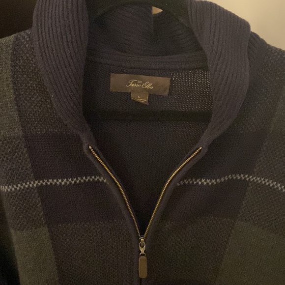 Tasso Elba grey and blue plaid zip up sweater with pockets - Picture 2 of 3